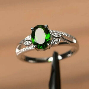 925 Sterling Silver Diamond Emerald Cushion Cut Ring